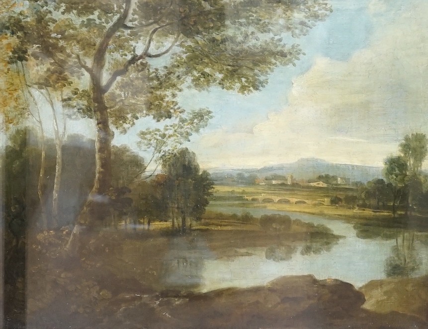 In the manner of Richard Wilson, oil on canvas, River landscape, 42 x 52cm